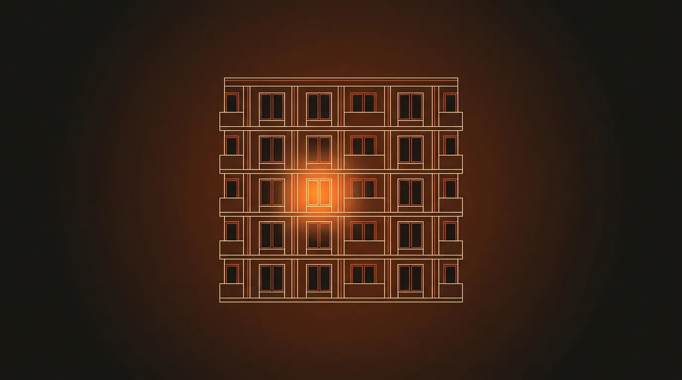 Illustration : façade d'immeuble la nuit avec une seule fenêtre allumée, symbole des nuisances sonores de voisinage