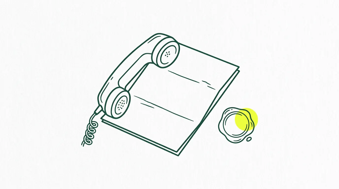 Illustration au trait : combiné téléphonique posé sur une lettre pliée, un sceau surligné en jaune à côté, symbole du premier appel à l'étude