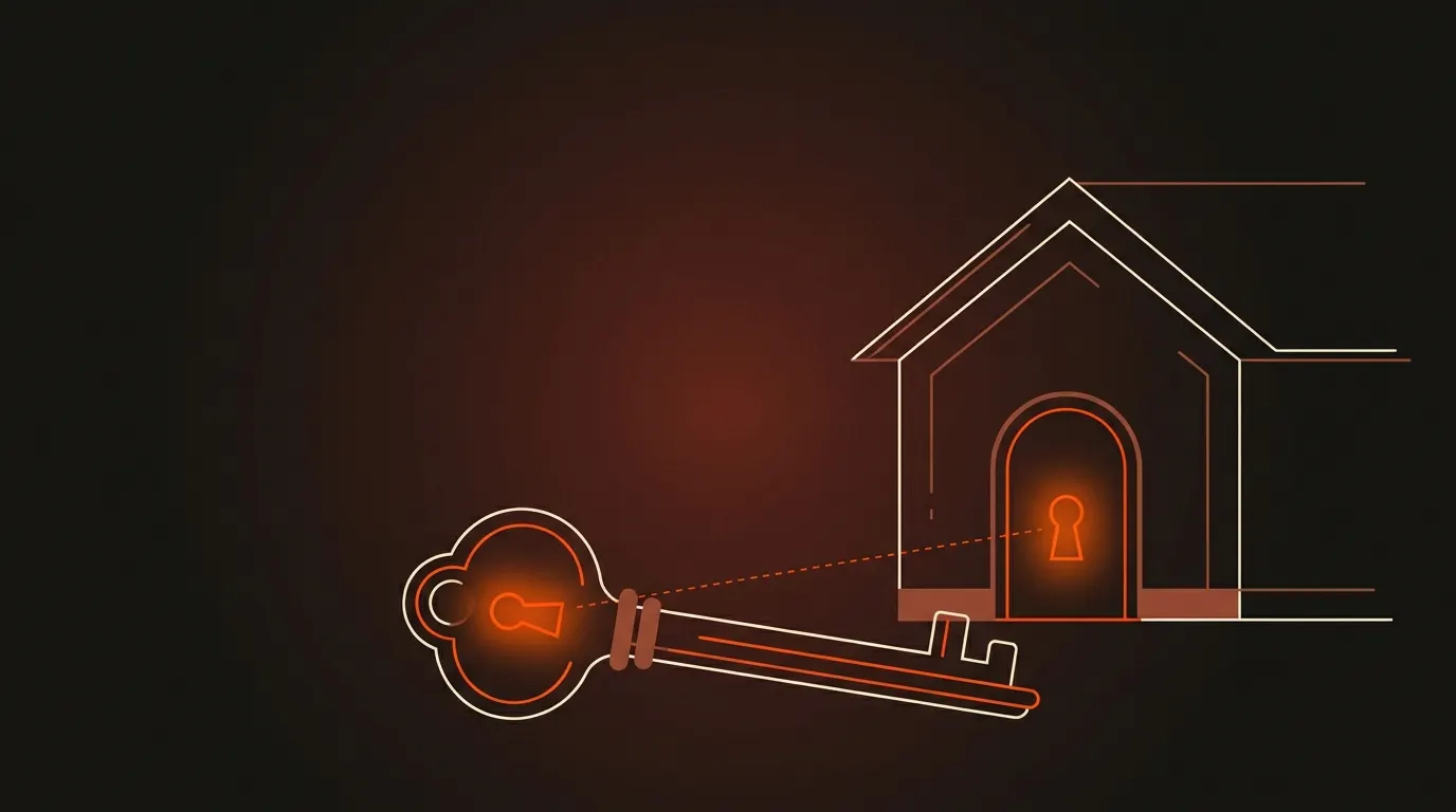 Illustration : clé et maison au trou de serrure lumineux, symbole du loyer impayé