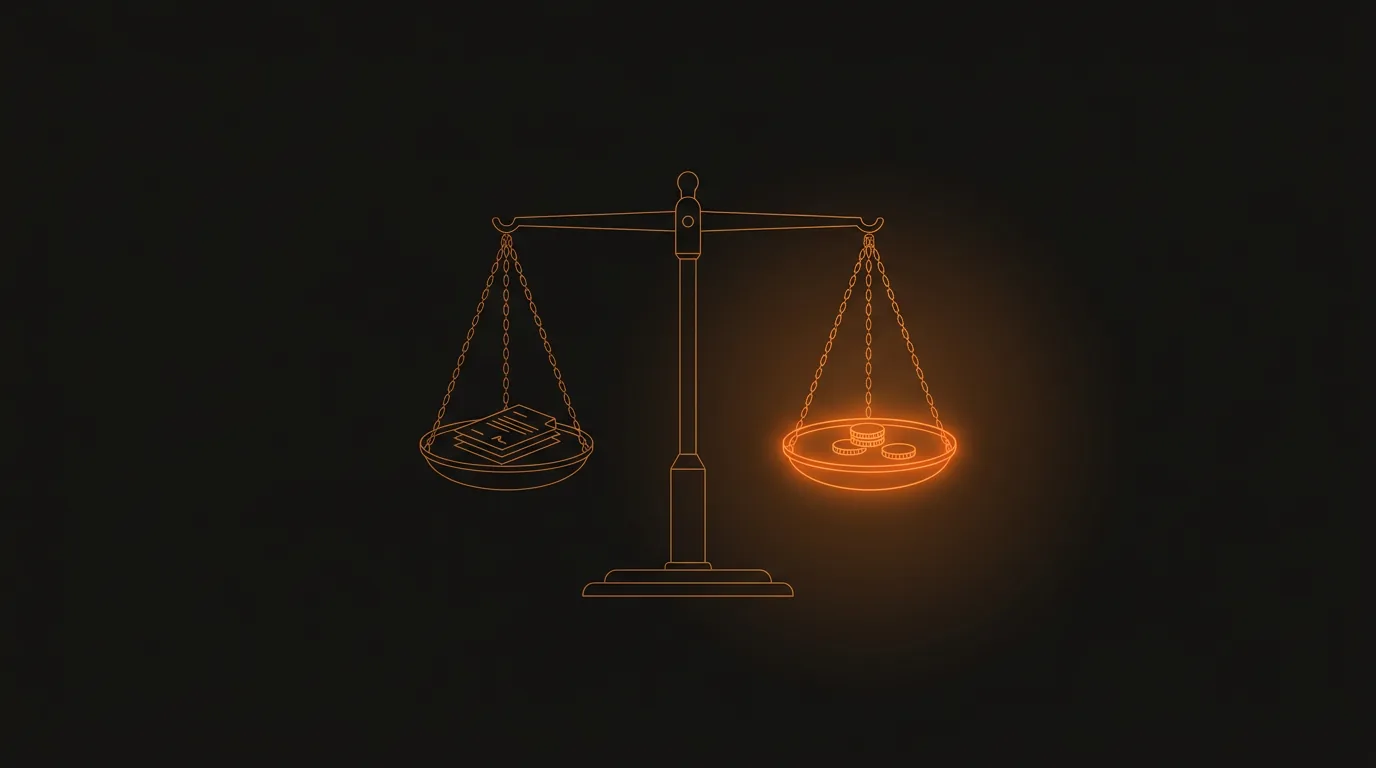 Illustration : balance de justice en line-art dont le plateau portant des pièces s’allume en orange, symbole de la charge des frais