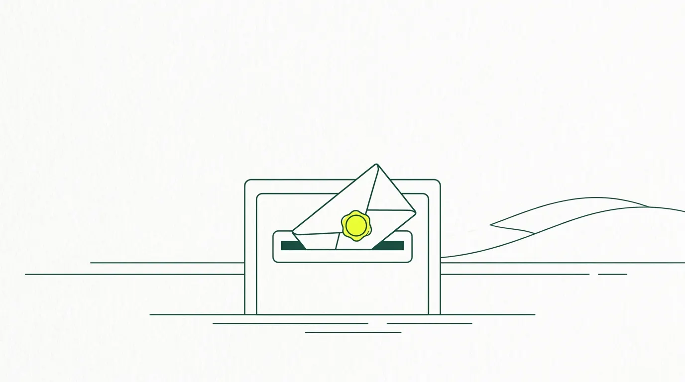 Illustration au trait : boîte aux lettres avec une enveloppe scellée à demi insérée, le sceau surligné en jaune, symbole de l'acte reçu