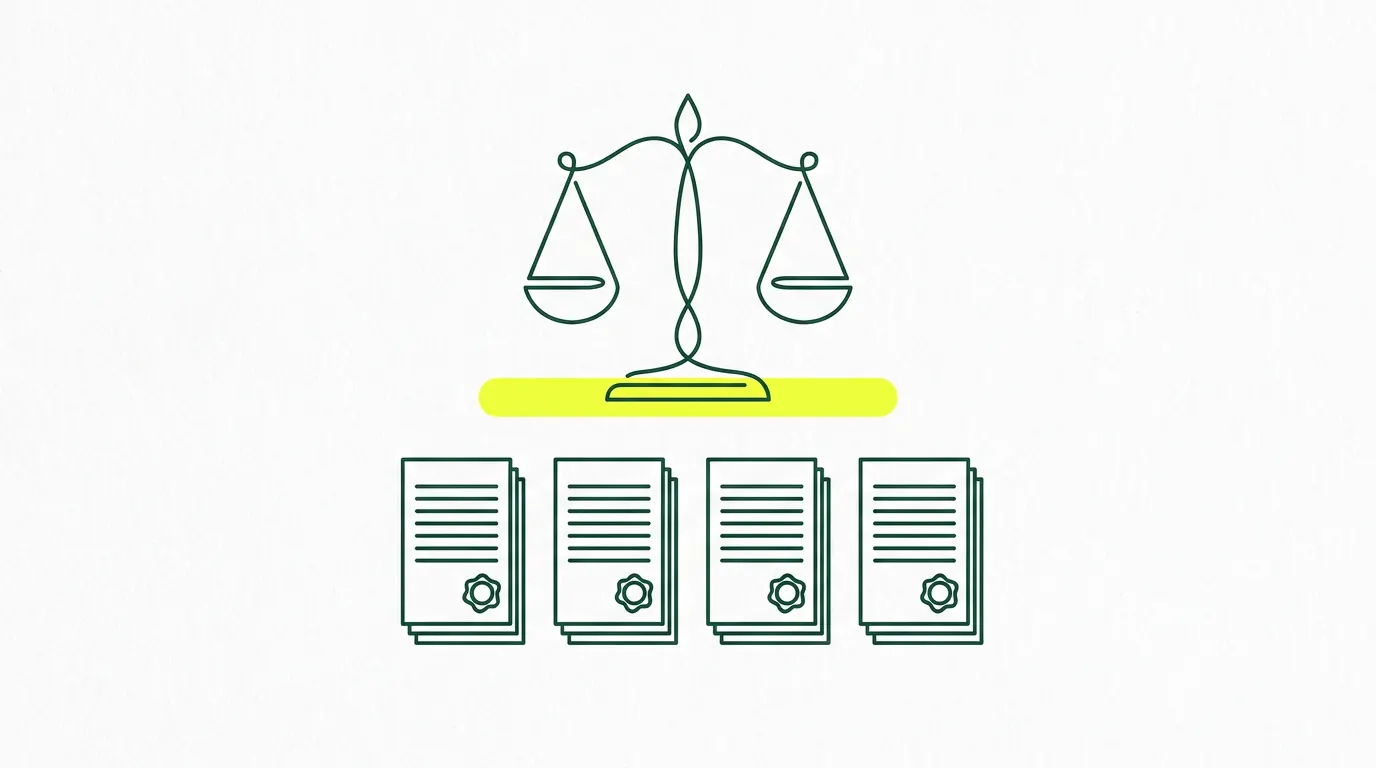 Balance de la justice au trait au-dessus de quatre actes scellés, illustration