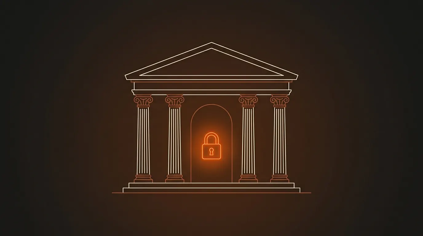Illustration : façade de banque à colonnes et cadenas, symbole de la saisie bancaire