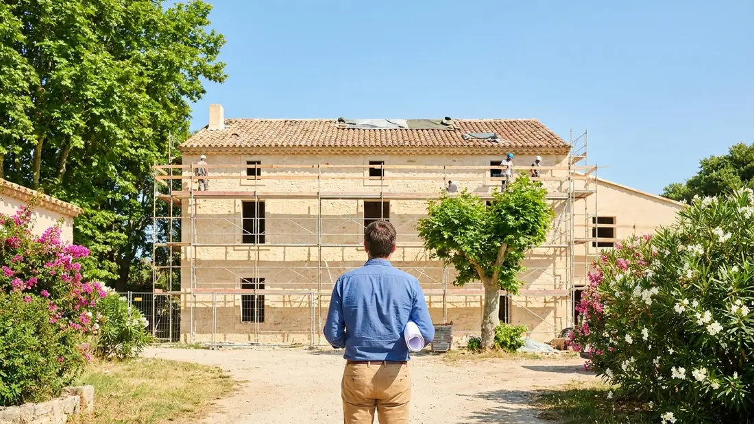 Chantier de renovation d'une batisse en pierre au soleil, une personne de dos tenant des plans