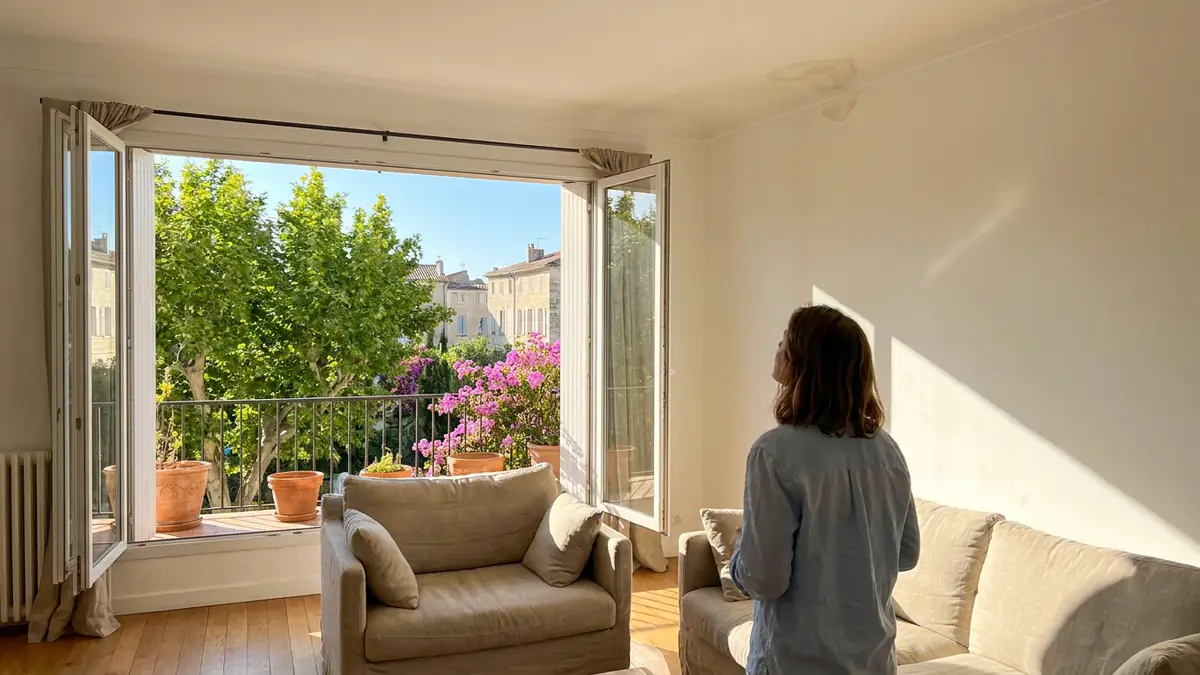 Séjour clair, une personne de dos observant une trace d'infiltration au plafond