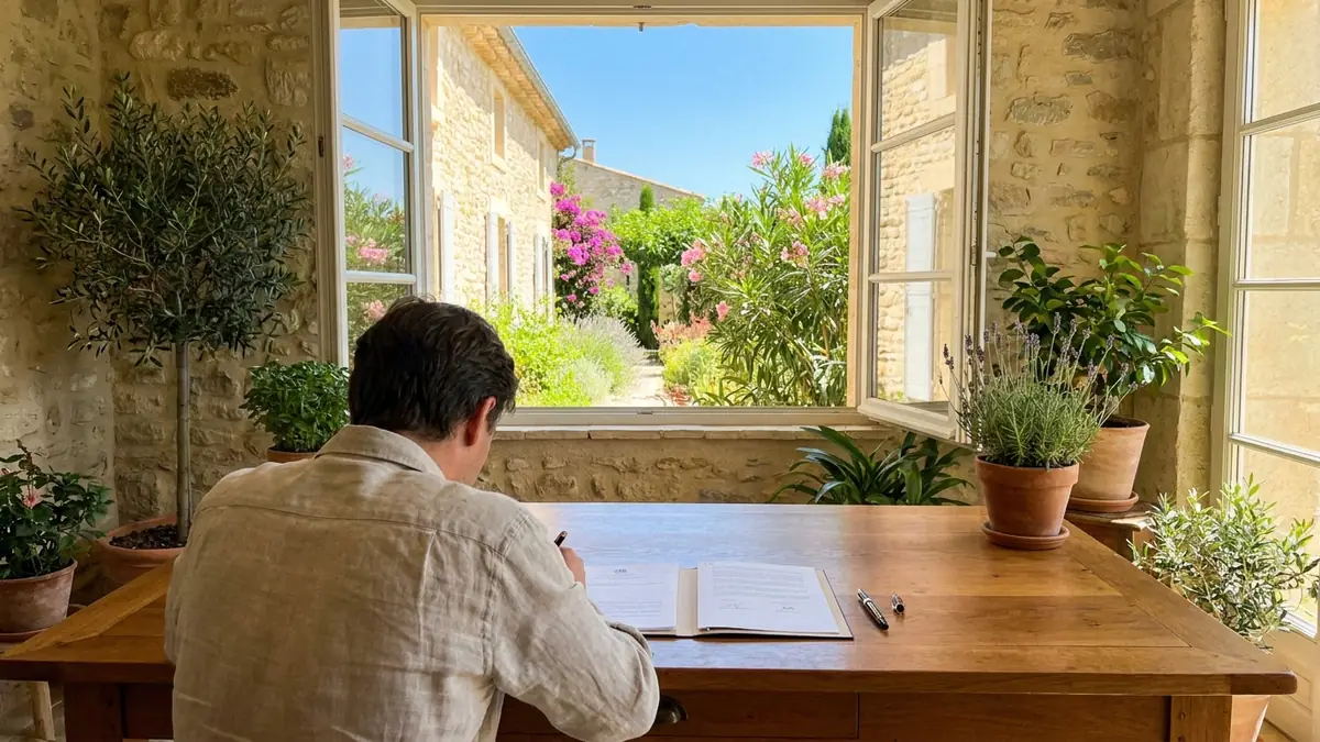 Bureau lumineux ouvert sur un jardin, une personne de dos lisant une décision de justice