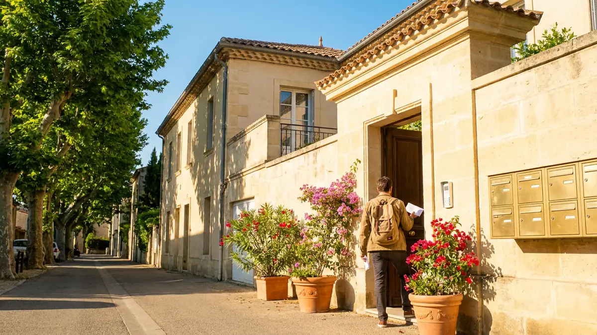Entrée d'un immeuble d'habitation ensoleillée, une personne de dos tenant un courrier