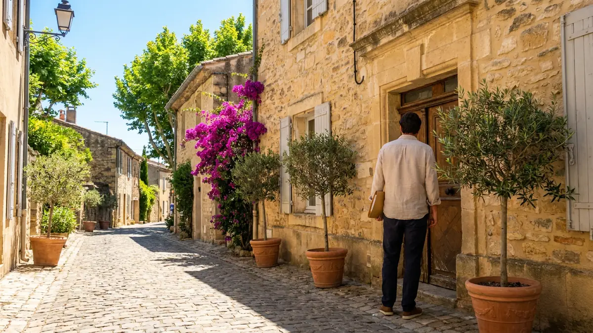 Ruelle de village du sud, une personne de dos remettant un pli sur le pas d'une porte