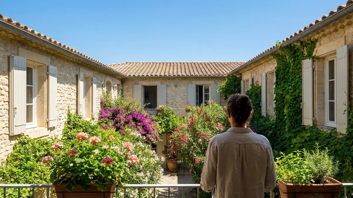 Cour intérieure fleurie entre des façades en pierre, une personne de dos regardant les fenêtres voisines