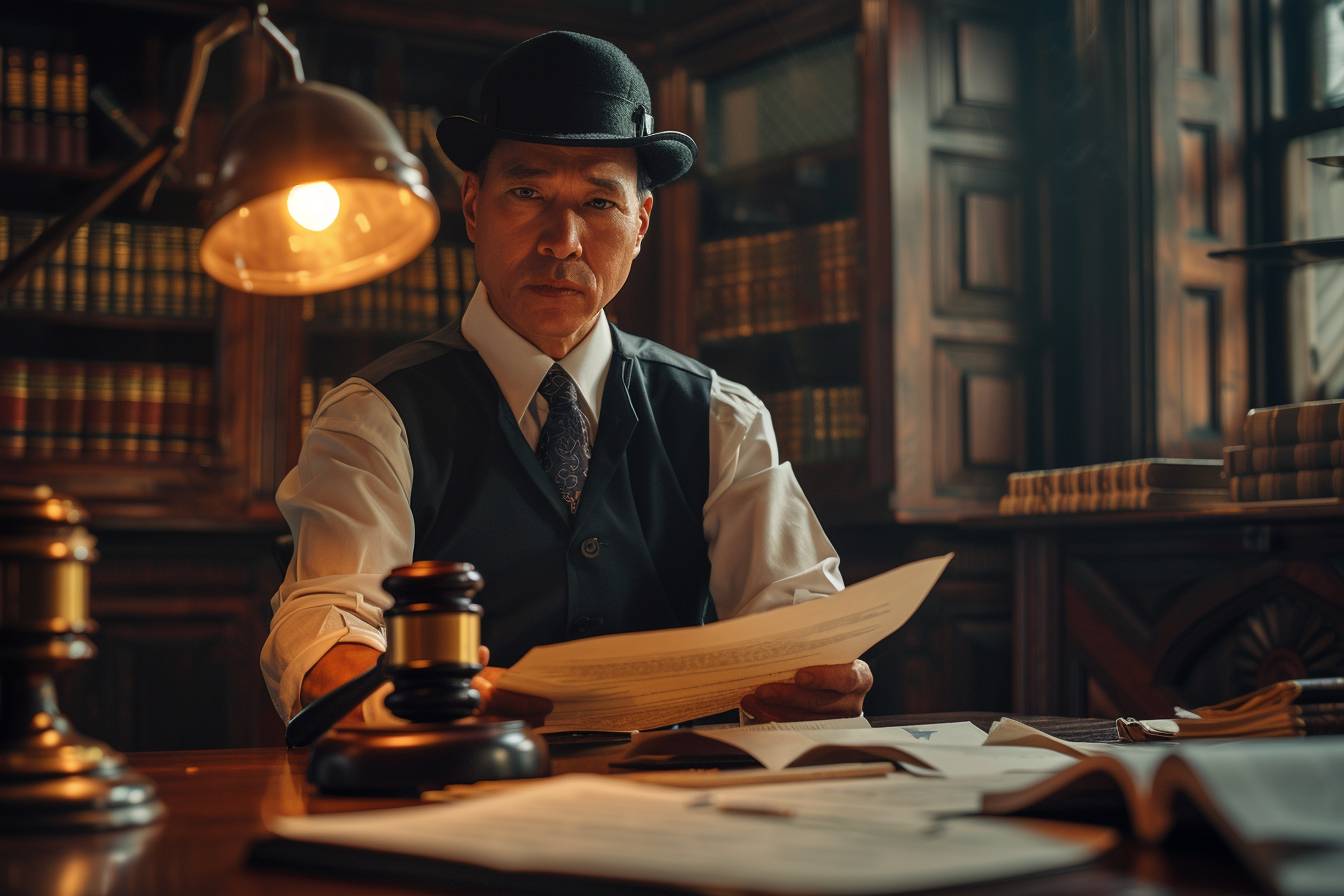 Huissier de justice en pleine action dans son bureau  
Professionnel du droit examinant des documents légaux